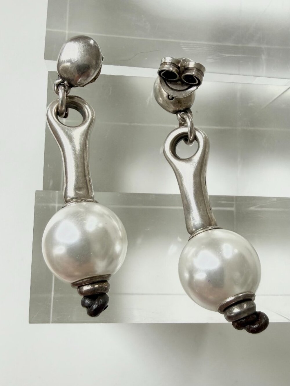 Uno De 50 Silver Leather and Pearl Drop Earrings